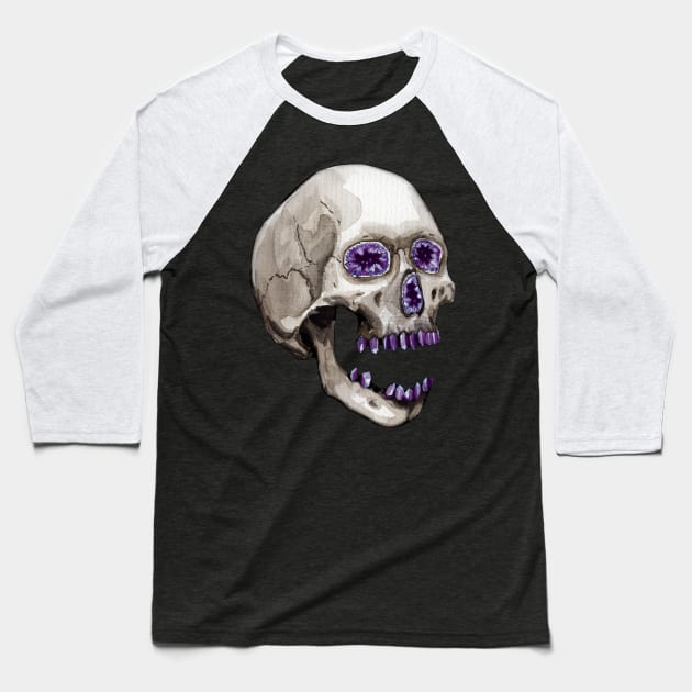 Amethyst Geode Crystal Skull Baseball T-Shirt by Heather Dorsch Creations